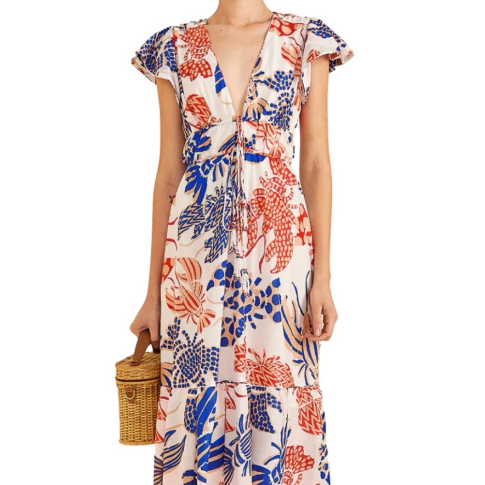 FARM Rio Mixed Lobsters Print Tiered Cotton Dress